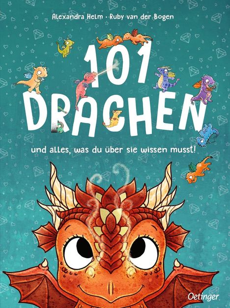 „101 Drachen und alles, was du über sie wissen musst!“ Bunte Drachen fliegen auf einem türkisfarbenen Hintergrund.