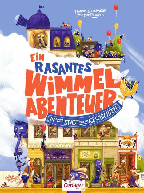 Ein rasantes Wimmelabenteuer. Illustration mit vielen blauen und gelben Figuren in und um Gebäude in einer Stadt.