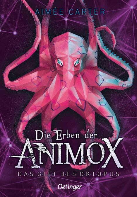 Titel: "Die Erben der Animox: Das Gift des Oktopus". Illustration eines pinken Oktopus auf violettem Hintergrund.