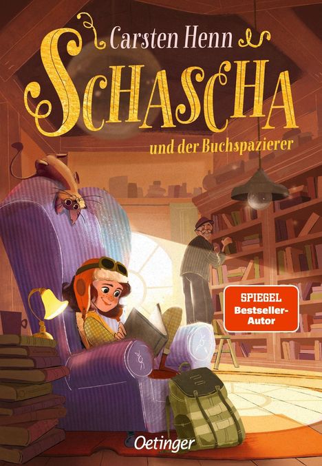 "Carsten Henn, Schascha und der Buchspazierer, SPIEGEL Bestseller-Autor." Illustration: Mädchen liest, Mann sucht in Regal.