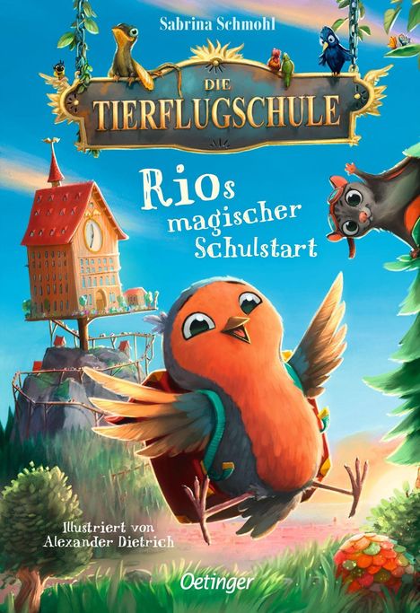 "Die Tierflugschule: Rios magischer Schulstart". Ein fröhlicher, fliegender Vogel vor einem Baumhaus. Bunte, comicartige Illustration.