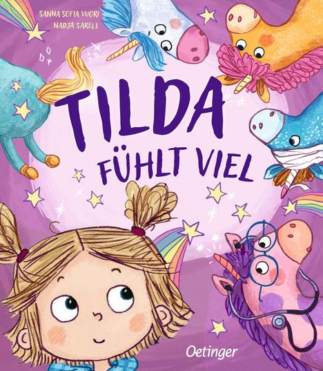 „Tilda fühlt viel“: Ein fröhliches Kind mit Zöpfen, umgeben von bunten Einhörnern und Sternen.