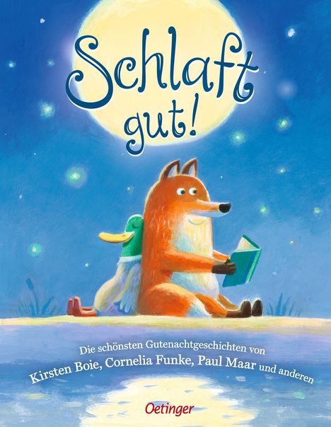 "Schlaft gut!" steht vor einem Mond. Ein Fuchs liest einem Entchen aus einem Buch vor; beide sitzen auf einem Hügel.