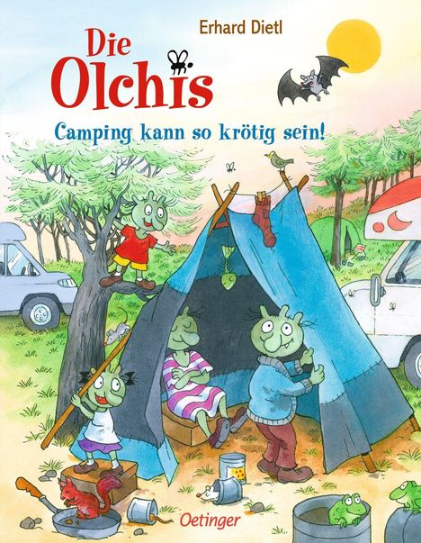 "Die Olchis", "Camping kann so krötig sein!", "Erhard Dietl". Illustration mit grünen Wesen beim Campen.