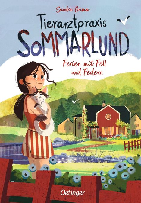 „Tierarztpraxis Sommarlund: Ferien mit Fell und Federn“ in bunter Schrift, darunter ein Mädchen mit Katze vor Landschaft.