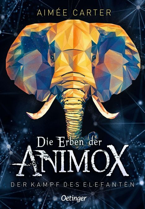 „Die Erben der Animox: Der Kampf des Elefanten“. Farbige, geometrische Illustration eines Elefantenkopfes.
