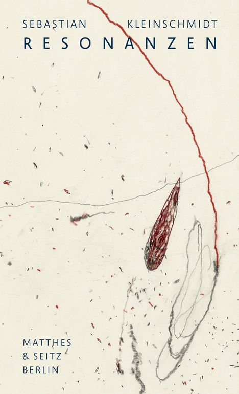 "SEBASTIAN KLEINSCHMIDT, RESONANZEN, MATTHES & SEITZ BERLIN." Abstrakte Linien und Formen in Rot und Grau auf hellem Hintergrund.