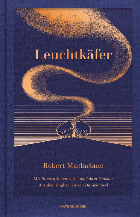 Leuchtkäfer, Robert Macfarlane. Illustration von einem Baum mit spiralförmig aufsteigendem Rauch vor einem gestreiften Hintergrund.