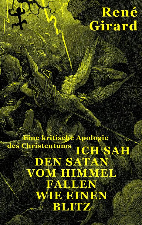 Der Text "Ich sah den Satan vom Himmel fallen wie einen Blitz" ist Teil eines Gemäldes mit geflügelten Wesen und Blitzen.