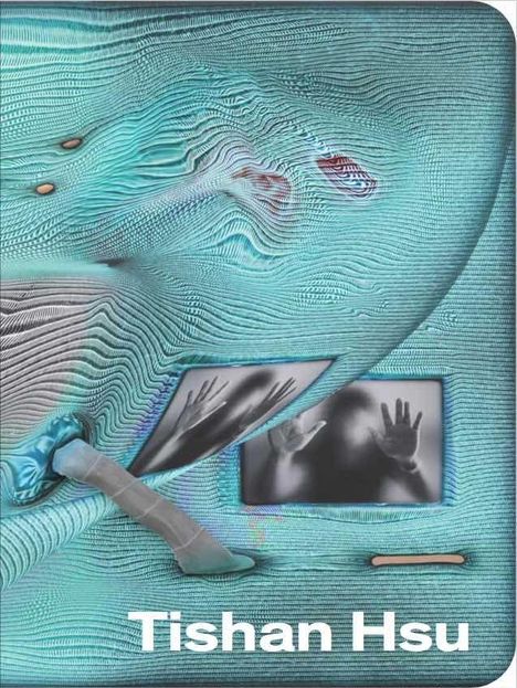 "Tishan Hsu" in weißem Text. Eine surrealistische Illustration mit wellenartigen Texturen, Händen hinter Glasscheiben und einem Bein.