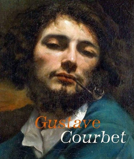 Text: "GUSTAVE COURBET". Ein Mann in gestreifter Kleidung kauert, seine Hand hält den Kopf, im Hintergrund blauer Himmel.