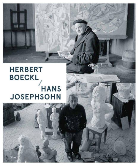 HERBERT BOECKL / HANS JOSEPHSOHN. Zwei Männer in einem Atelier mit Gemälden und Skulpturen, einer sitzt, der andere steht.