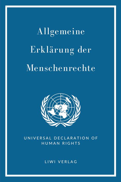 "Allgemeine Erklärung der Menschenrechte", darunter UN-Logo, blaues Cover mit weißem Rahmen und Text.