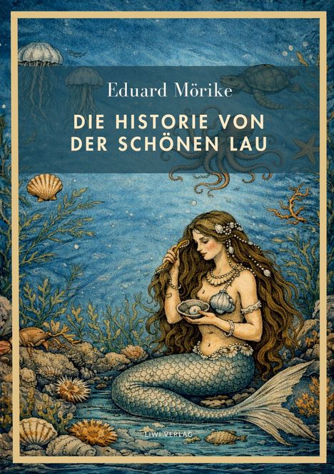 Text: Eduard Mörike, Die Historie von der schönen Lau. Eine Meerjungfrau sitzt umgeben von Meereslebewesen.