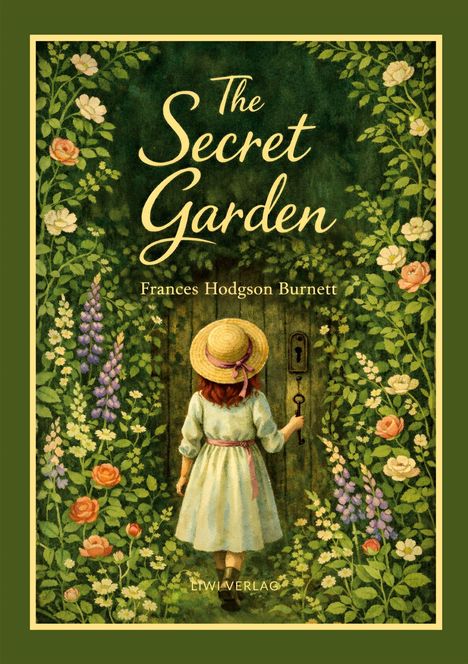 „The Secret Garden“, Frances Hodgson Burnett. Illustration: Mädchen mit Strohhut öffnet eine von Blumen umgebene Tür.