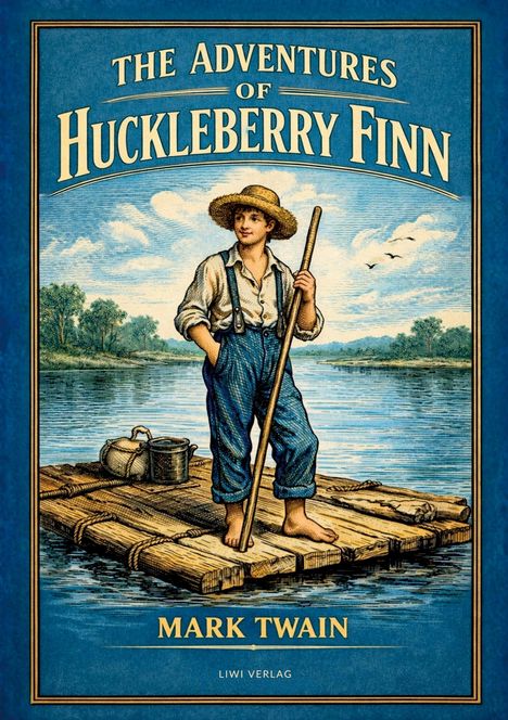 "The Adventures of Huckleberry Finn" von Mark Twain, Illustration eines Jungen auf einem Floß mit Fluss im Hintergrund.