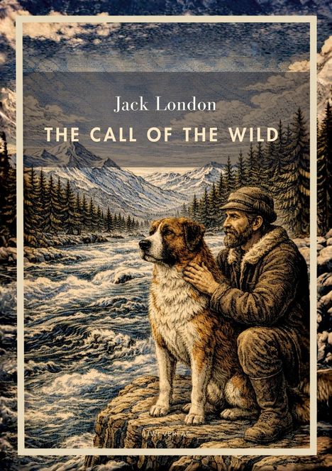 Titel: "Jack London - The Call of the Wild". Illustration: Berglandschaft, Fluss, Mann mit Felljacke, Hund sitzt an seiner Seite.