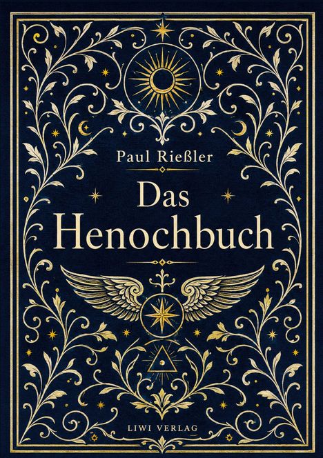 Aufwendiges goldenes Muster auf dunkelblauem Hintergrund, mit floralen Elementen, Sonnen- und Flügelmotiv.