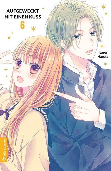 „AUFGEWECKT MIT EINEM KUSS 6“, Nana Haruta. Illustration von einem jungen Mann und einer jungen Frau mit großen Augen.