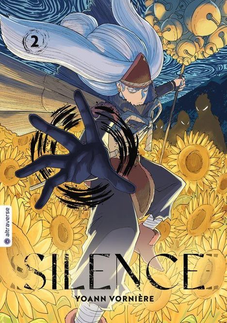 Aufschrift: "SILENCE" und "YOANN VORNIÈRE". Illustration: Figur mit langem Haar, vor Sonnenblumen, Hand ausgestreckt.