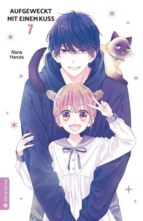 "AUFGEWECKT MIT EINEM KUSS 7" steht über einem Manga-Pärchen, ein Mädchen lächelt, Junge mit Katze auf der Schulter.