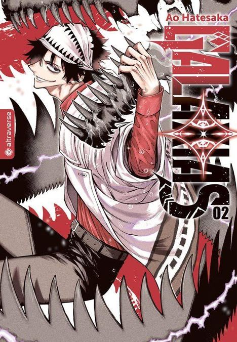 "Ao Hatesaka", "ATARAXIS", "02", "atraverse". Eine Illustration eines grinsenden Charakters mit Sägezahnmotiv.