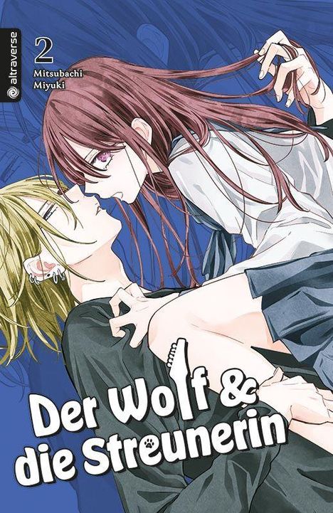 „Der Wolf & die Streunerin“, Band 2 von Mitsubachi Miyuki. Illustration: Zwei Personen in inniger Umarmung.