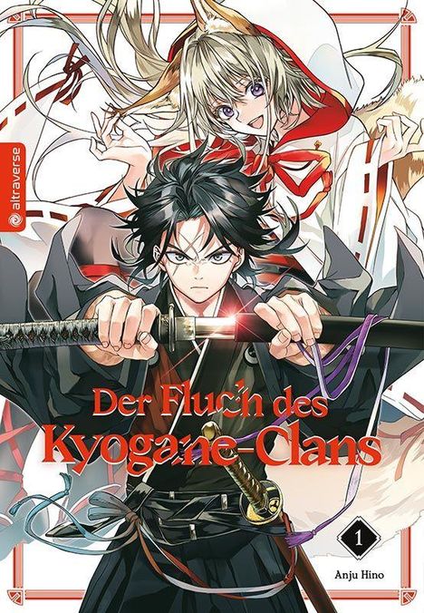 „Der Fluch des Kyogane-Clans“, ein Manga-Cover mit zwei Charakteren, einem Schwertträger und einer Person mit Fuchsohren.
