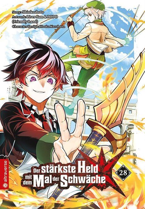 "Der stärkste Held mit dem Mal der Schwäche 28". Zwei Figuren in dynamischen Posen, umgeben von Flammen vor einem Gebäude.