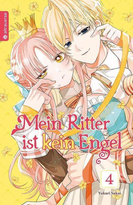 „Mein Ritter ist kein Engel“. Blonde und rosahaarige Figuren mit Krone, Illustration im Manga-Stil, gelber Hintergrund.