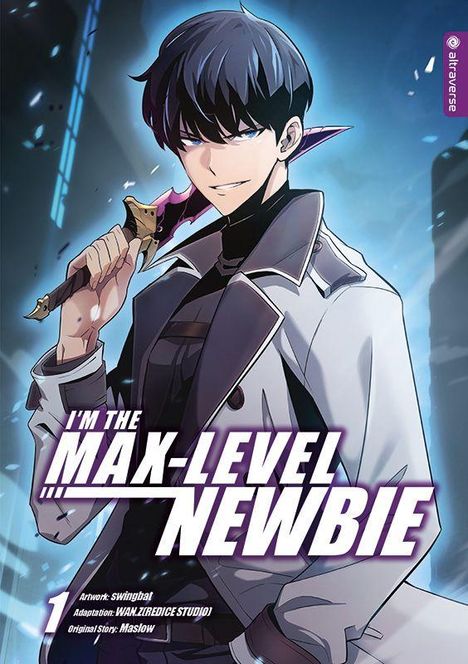 Titel: I'm the Max-Level Newbie. Ein junger Mann mit dunklem Haar hält ein Schwert, trägt einen weißen Mantel.