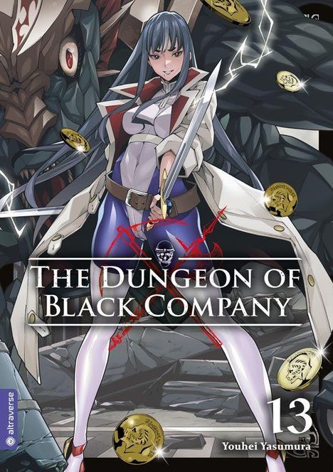 „The Dungeon of Black Company“, Youhei Yasumura, Band 13. Eine Frau mit Schwert und Doppelmesser, umgeben von Münzen.