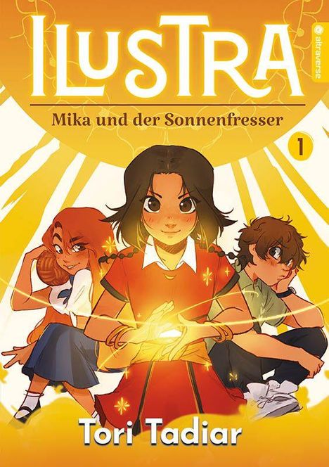 „ILUSTRA: Mika und der Sonnenfresser 1“ oben. Unten „Tori Tadiar“. Drei Kinder, das mittlere hält ein leuchtendes Objekt.
