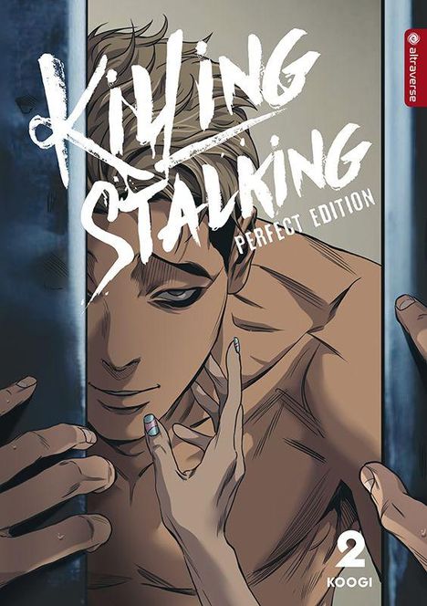 Text: "Killing Stalking", "Perfect Edition", "2", "Koogi". Illustration eines Mannes mit ernstem Blick und Hand im Vordergrund.