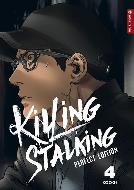 "Killing Stalking Perfect Edition 4" von Koogi. Illustration eines Mannes mit Brille und schwarzer Kappe im Profil.