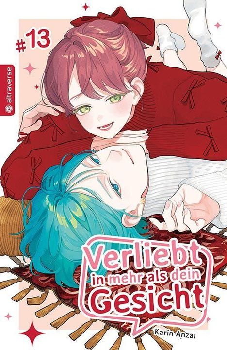 "#13, Verliebt in mehr als dein Gesicht, Karin Anzai." Illustration: Zwei Personen liegen Kopf an Kopf, lächelnd zueinander.