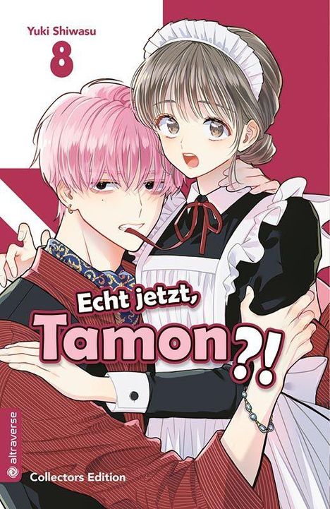 „Echt jetzt, Tamon?!“ und „Collectors Edition“. Ein Paar in Manga-Stil, der Junge mit rosa Haaren und das Mädchen in einem Dienstmädchenkleid.