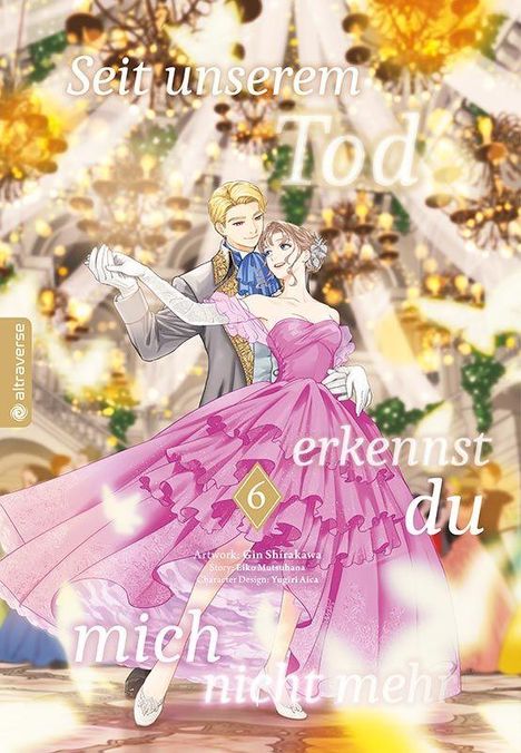 Text: "Seit unserem Tod erkennst du mich nicht mehr." Illustration: Ein Paar tanzt in einem prächtigen Ballsaal.