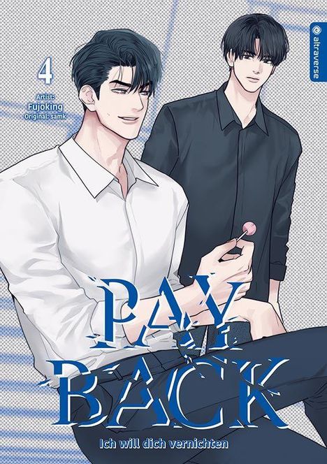 „PAY BACK: Ich will dich vernichten“ steht vor zwei jungen Männern; einer hält einen Lutscher. Moderne Illustration.