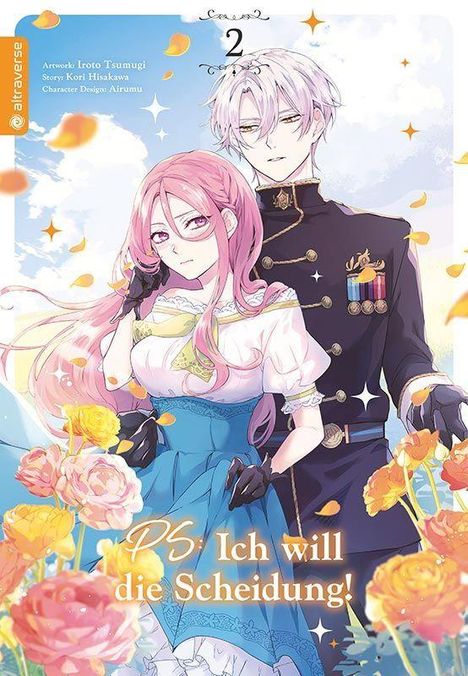"PS: Ich will die Scheidung!" Zwei stilisierte Figuren in eleganter Kleidung, umgeben von bunten Blumen und Blütenblättern.