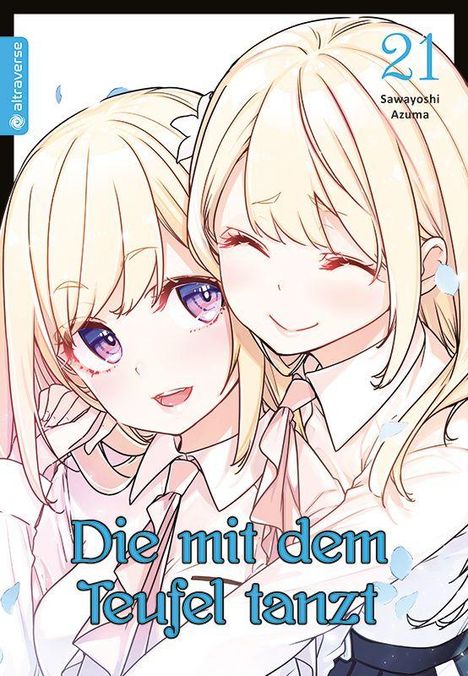 „Die mit dem Teufel tanzt.“ Zwei blonde, lächelnde Anime-Figuren in naher Umarmung.