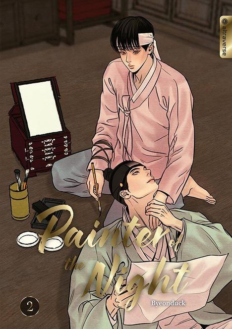 "Painter of the Night" von Byeonduck. Zwei Personen in traditioneller Kleidung, einer malt den anderen auf Papier.