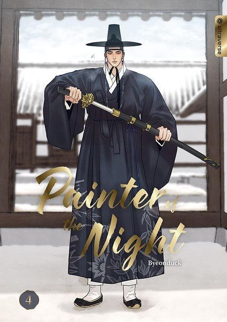 „Painter of the Night, Byeonduck“. Ein Mann im traditionellen koreanischen Gewand, stilvolle Illustration.