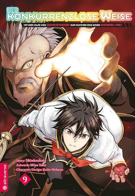 Ein Mann mit erhobener Hand und ein anderer mit Schwert, Titel: "Der konkurrenzlose Weise", dynamische Manga-Szene.