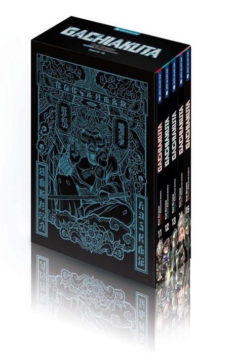 Der Text "GACHANBA" erscheint groß. Darunter sind bunte Buchrücken von Band 11 bis 15, mit Charakterillustrationen.