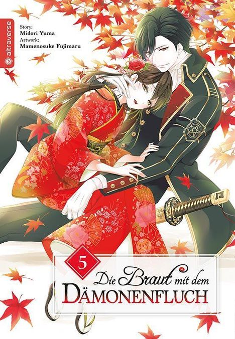 Titel: "Die Braut mit dem Dämonenfluch". Ein Mann umarmt eine Frau in rotem Kimono unter roten Herbstblättern. Links oben Text über Story und Artwork.
