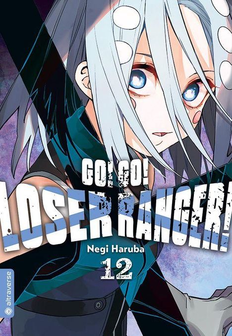 „GO! GO! LOSER RANGER! Negi Haruba 12“. Anime-Illustration einer Figur mit blauem Haar und intensiven Augen.