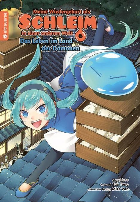 "Meine Wiedergeburt als Schleim in einer anderen Welt: Das Leben im Land der Dämonen." Illustration eines lachenden Mädchens mit Zöpfen.