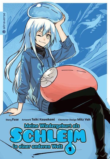 "Meine Wiedergeburt als Schleim in einer anderen Welt." Ein Anime-Charakter mit blauem Schleim auf dem Kopf zwinkert.