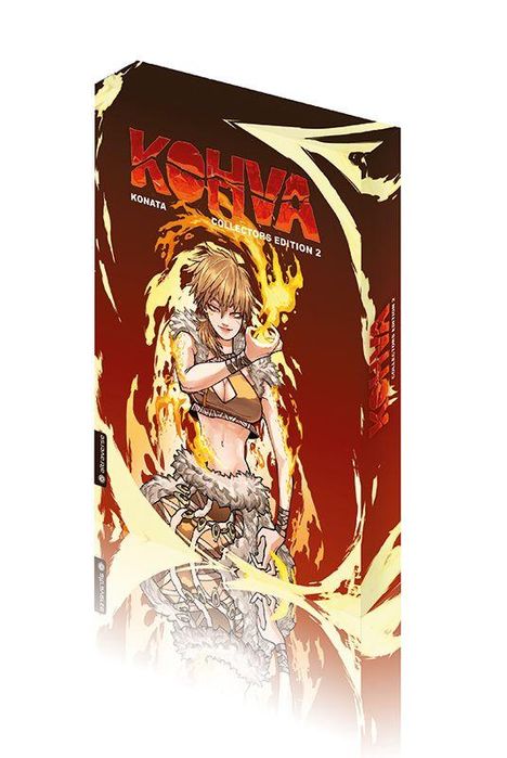 Text: "KOHVA KONATA COLLECTORS EDITION 2." Eine kämpferische Figur mit Flammen, dynamische Pose, kunstvoll gezeichnet.